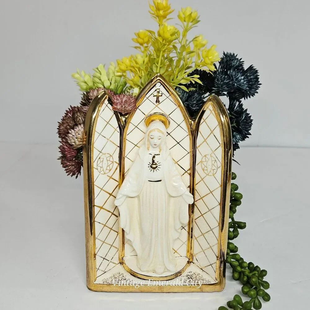 Vtg Geo Z Lefton 3D Virgin Mary Sculpture Wall Pocket Planter Ivory Gold Japan